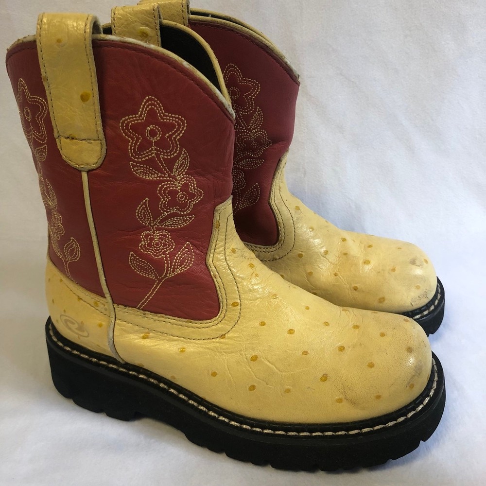 Roper size 1 girls yellow ostrich print round toe western boot